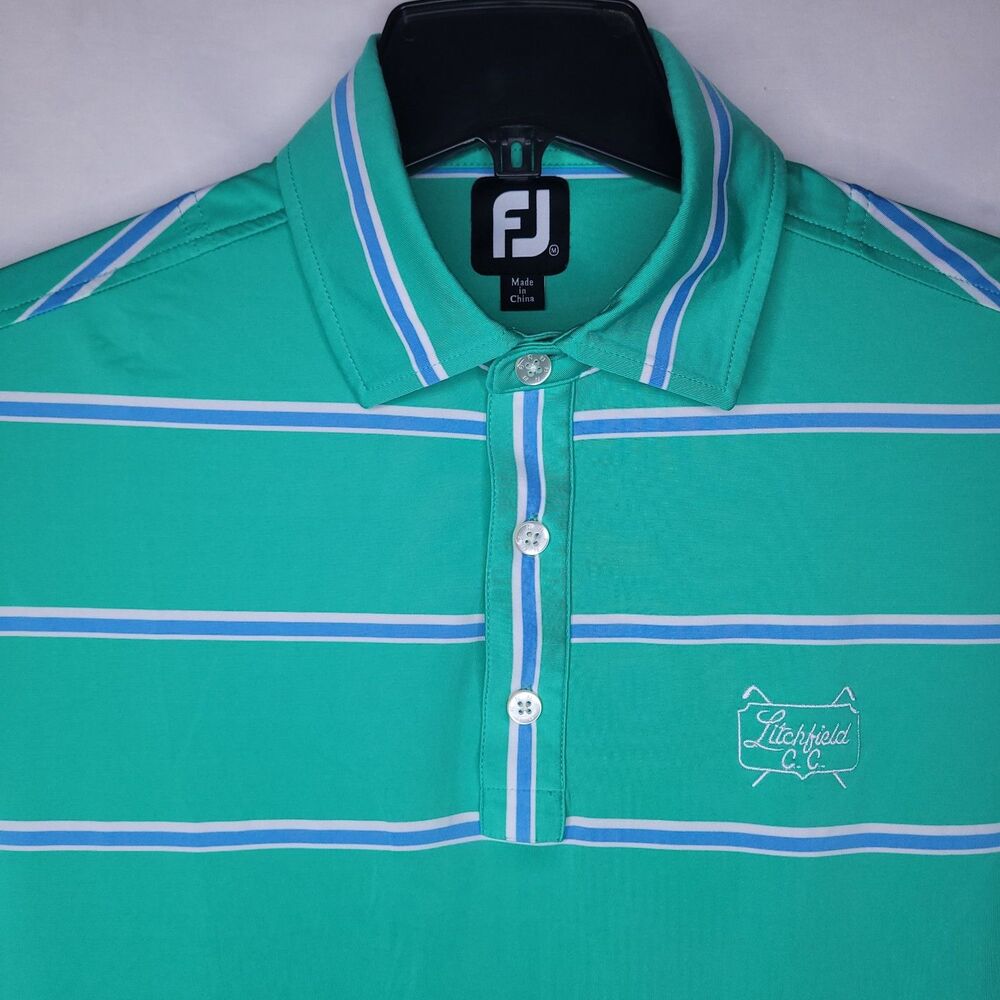 Footjoy Polo Shirt Mens Medium Striped Green, Blue Performance Litchfield C.C.
